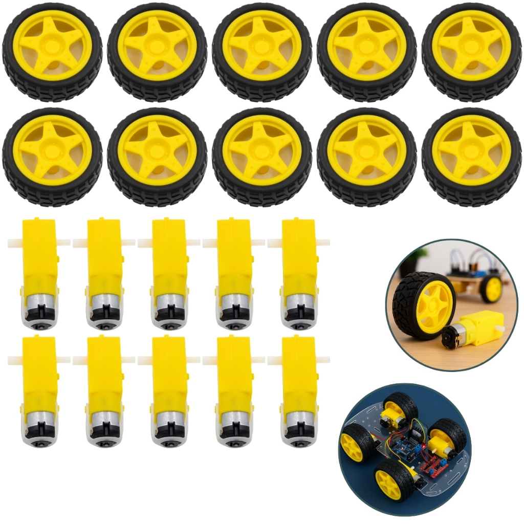 10 Motor DC 3‑6V com + Roda 68 mm Robótico Pneu Borracha para Arduino Carrinho Educacional Robô Kit Maker Reduzido Pro