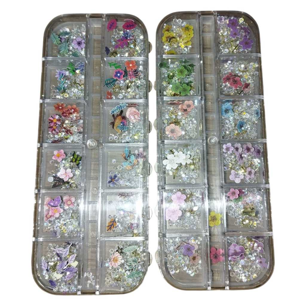 kit c/ 1 estojo c/ 12 strass + flores + decorações dourados para unhas - H&N BAZAR -