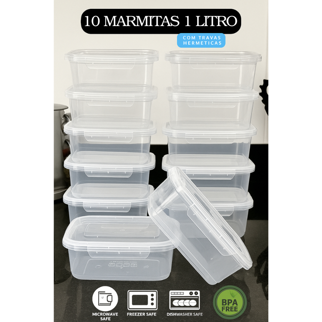 Kit 10 Marmita Potes 1000ml com Travas Laterais SEM BPA - Alimentos organizadores de congelador