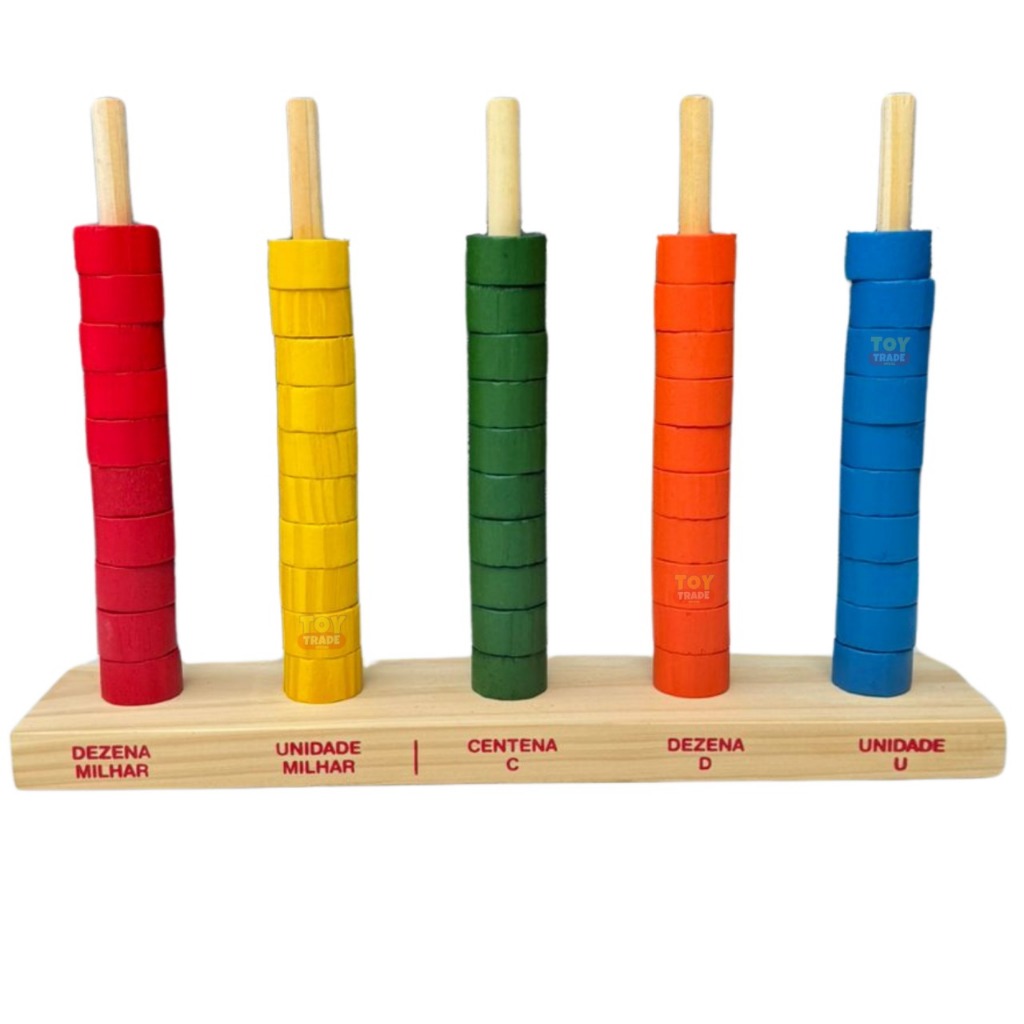 Ábaco Aberto Educativo com 5 Hastes e 50 Argolas de Madeira Colorida Brinquedo Educativo Toy Trade