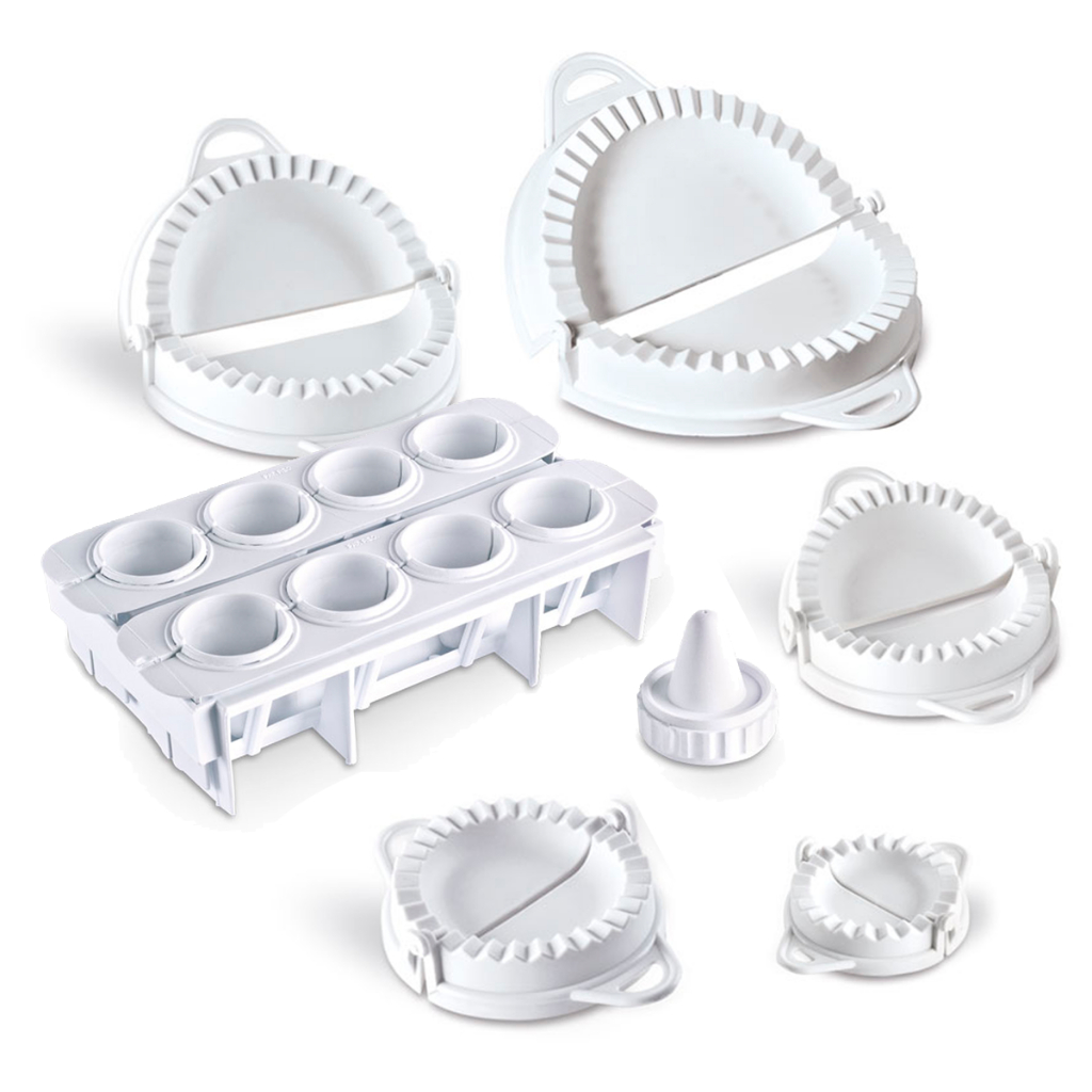 Kit Fábrica de Coxinhas 8 Coxinhas + 5 Formas de Pastel (PP ao GG) Plástico Resistente