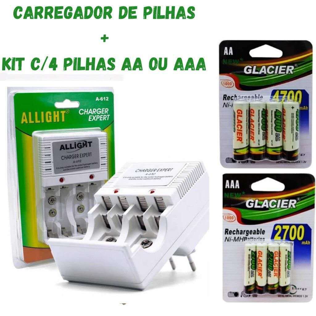 Carregador De Pilhas AA/AAA/Bateria 9v Recarregáveis