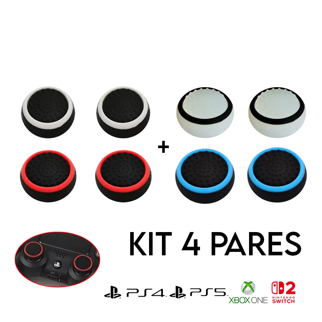 Kit 4 Pares 8 unidades de Grip Silicone Botão Ps3 Ps4 Ps5 Xbox Wii Switch 2 Ótima Qualidade