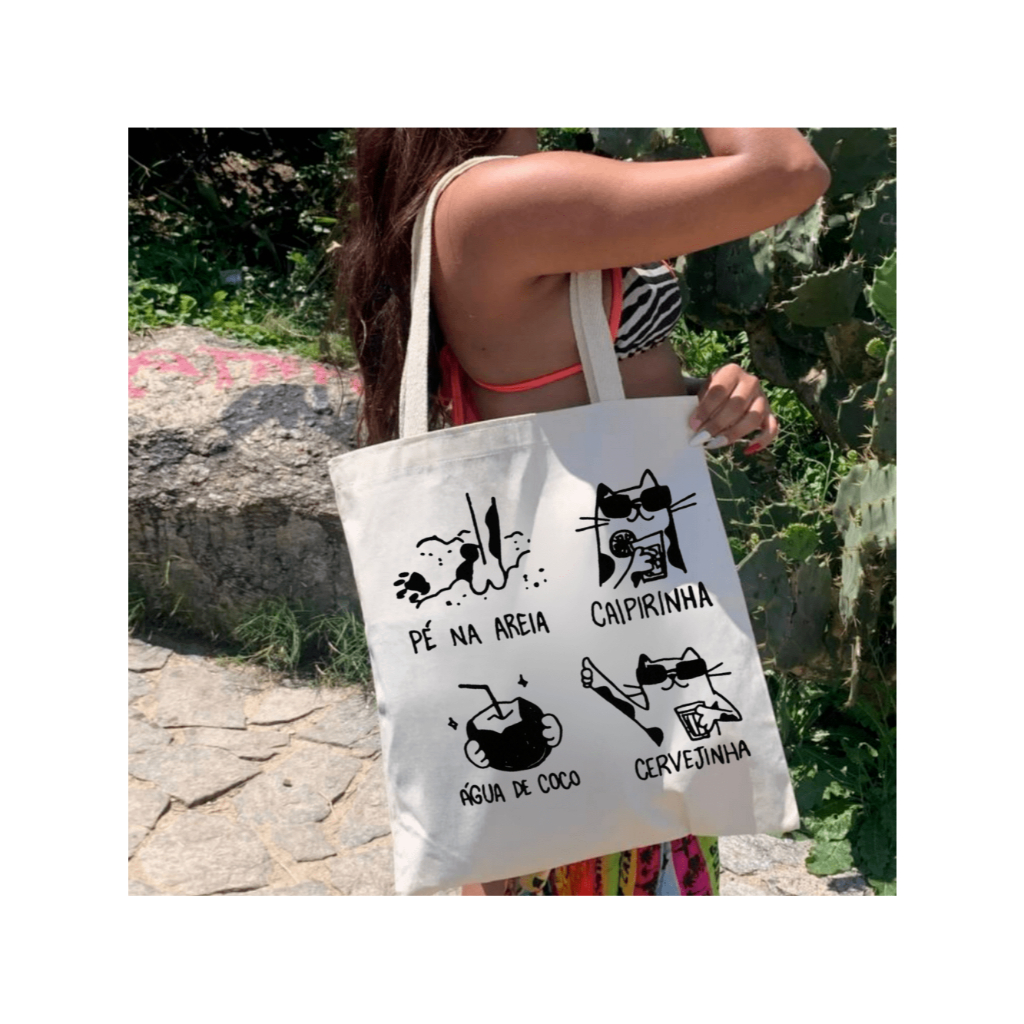 Ecobag Grande Algodão  – Bolsa Ecológica Estampada VIVANT CAT para Compras, Praia e Academia