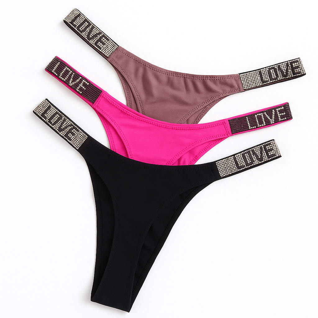 Kit 3 Calcinha Love Strass brilhante / Cores Variadas