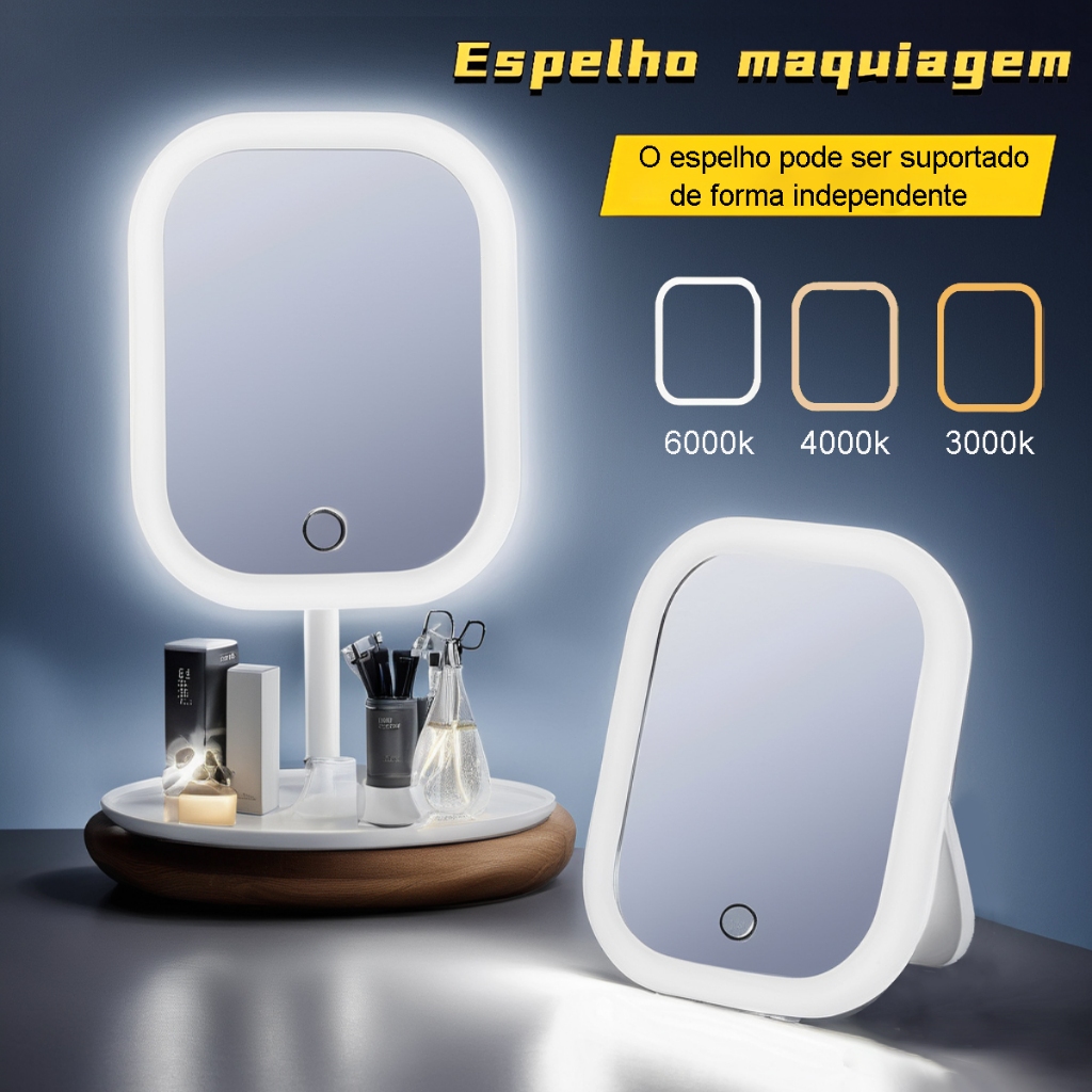Espelho Maquiagem De Mesa Com Luz LED Recarregável USB Dobrável Portátil Autônomo De Três Cores