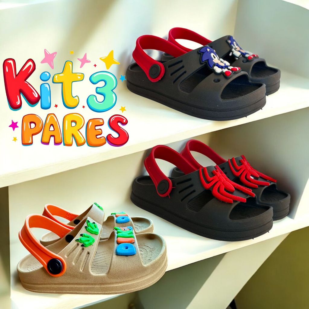 Kit 3 Pares Sandália Babuche Galocha Papete Infantil para Meninos