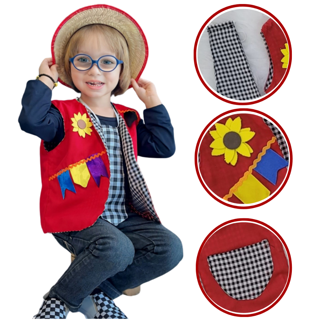 Colete Vermelho Fantasia Caipira Baby e Infantil Menino Mesversário 0035