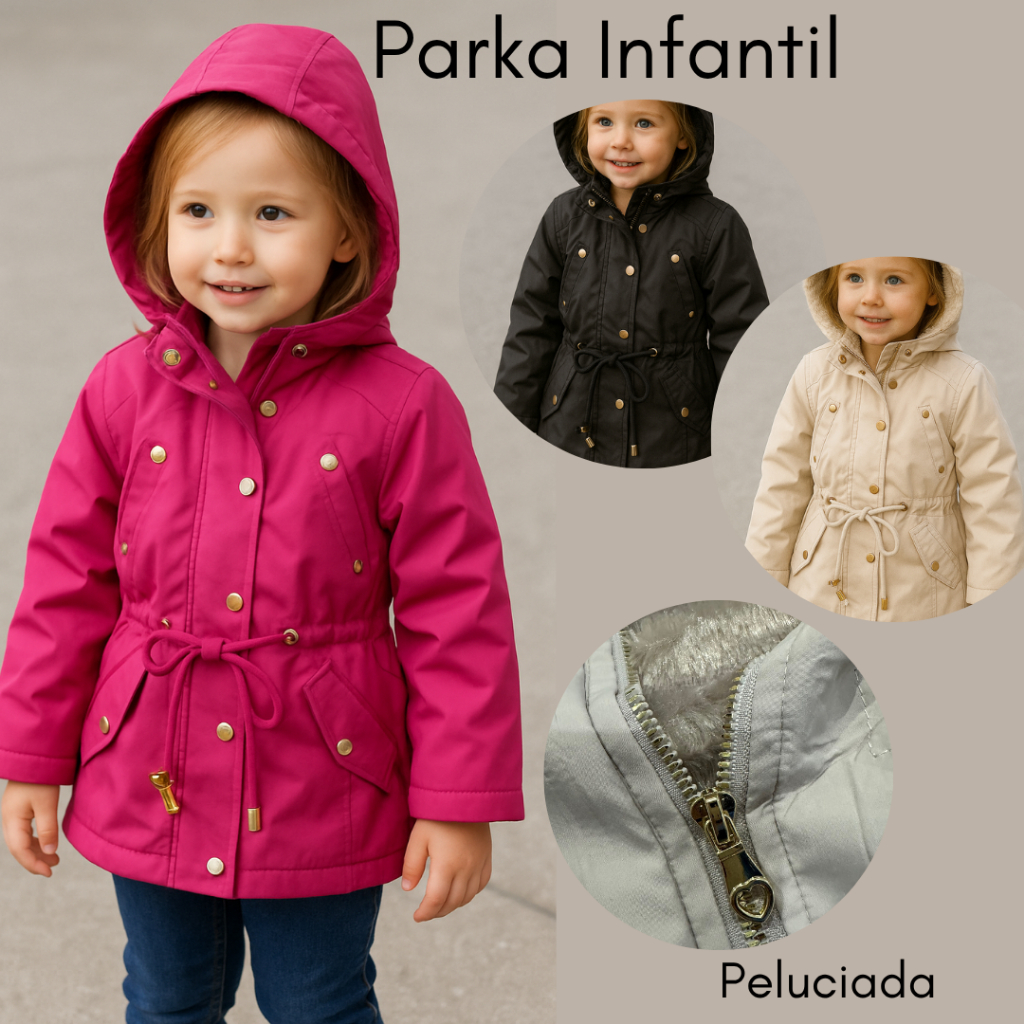 Parka Infantil 4 ao 16 detalhes dourado estilosa e peluciada