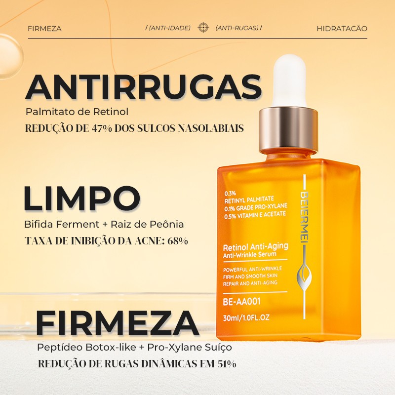 BEIERMEI Sérum 30ml Antirrugas com Retinol e Antienvelhecimento / 1.0 FL.OZ Antirrugas intenso Aperta e suaviza a pele