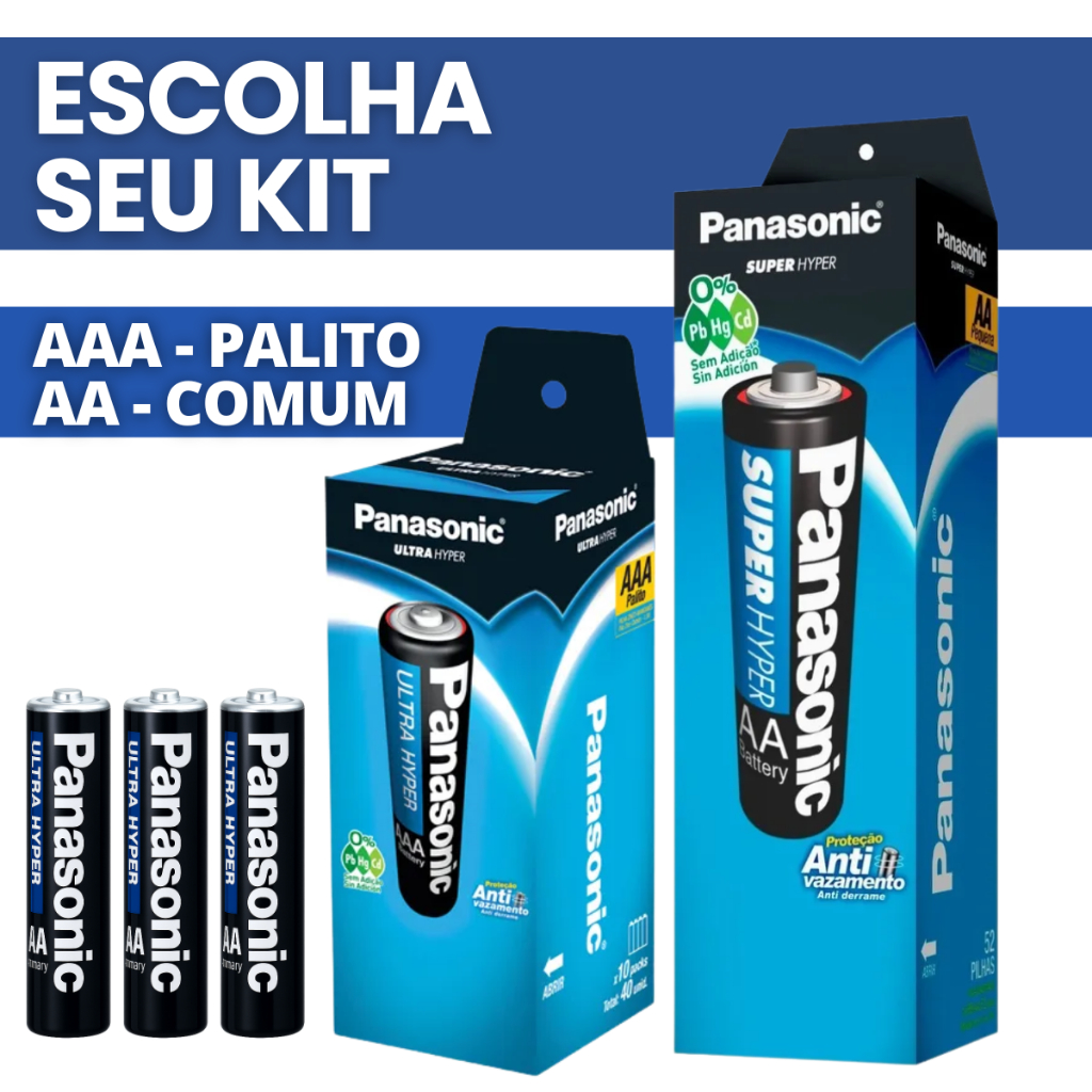 Kit de Pilhas Panasonic AA/AAA | Palito ou Comum | Ideal para Controle Remoto – 8, 12, 24 ou 32 Unidades