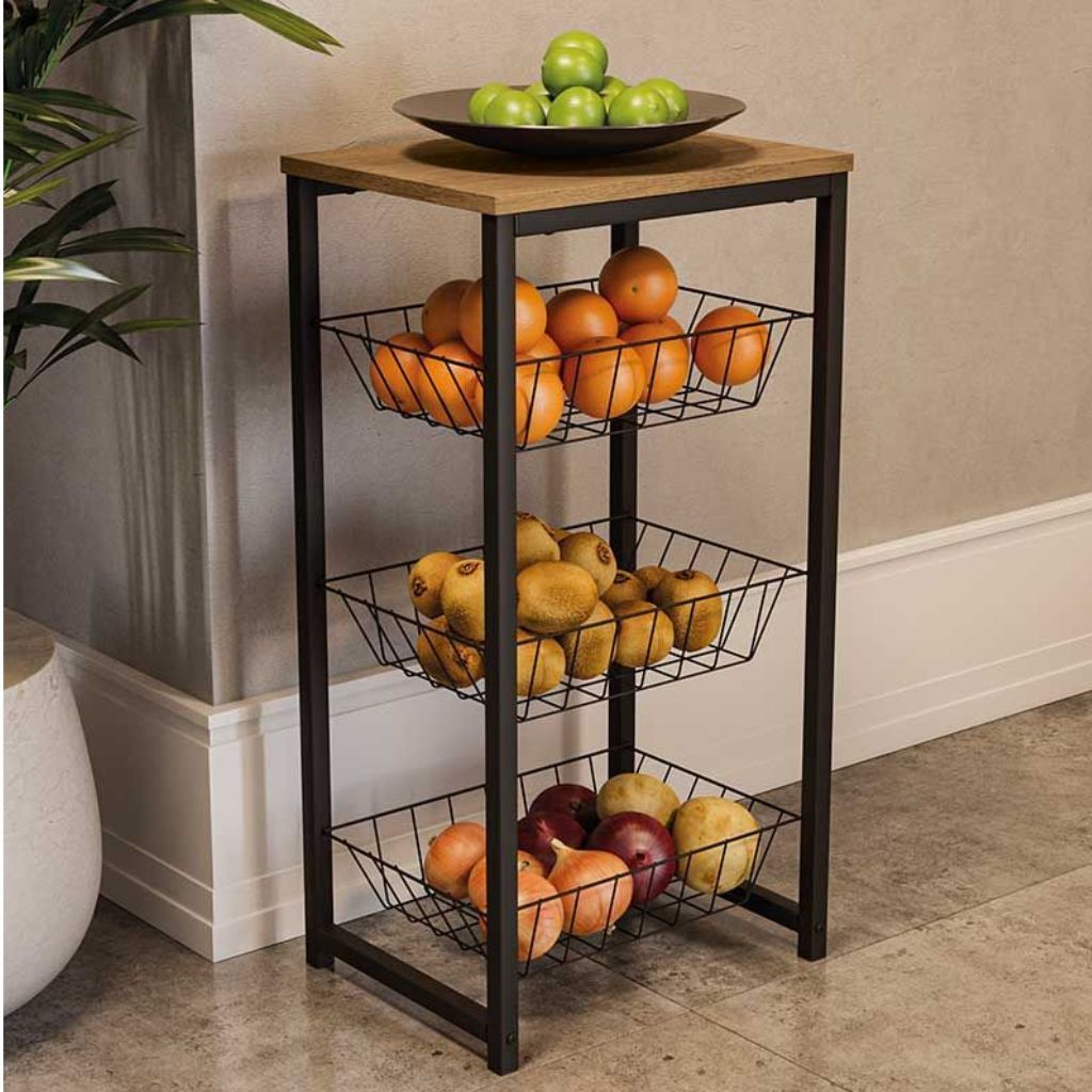 Fruteira Chão Cozinha Multiuso Com 3 Cestos Removíveis Com Tampo De Madeira Mdf Suporta Microondas