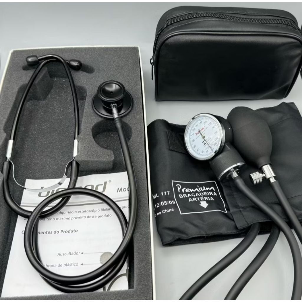 Kit Enfermagem Black Uma Via Conjunto Aparelho de Pressão Estetoscópio Esfigmomanômetro + Necessaire