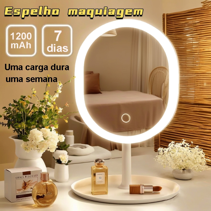 Espelho De Mesa Maquiagem Inteligente Com Luz Led Recarregável Forma Oval Portatil De Três Cores