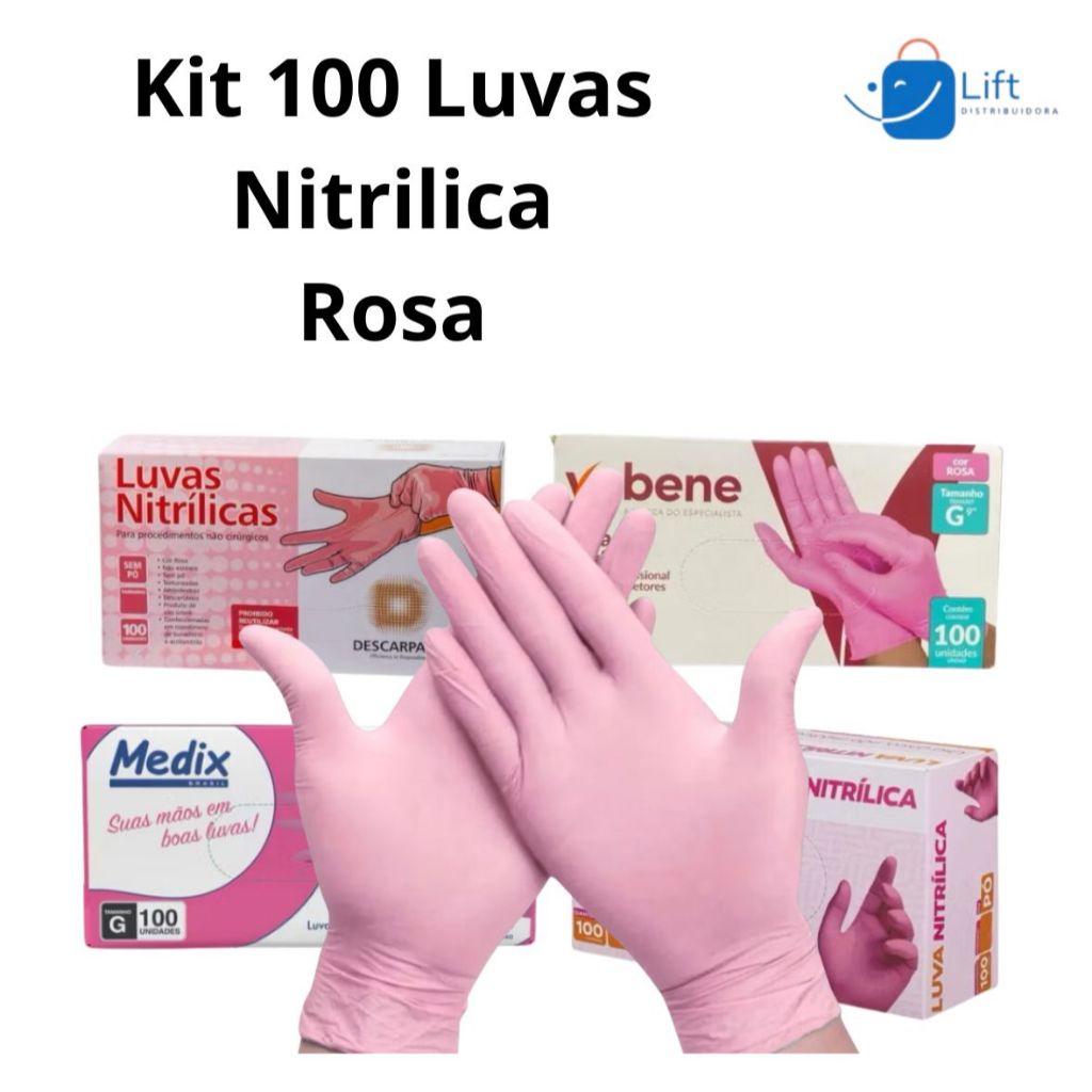 Kit Luva Nitrilica Rosa Sem Pó100 Unidades