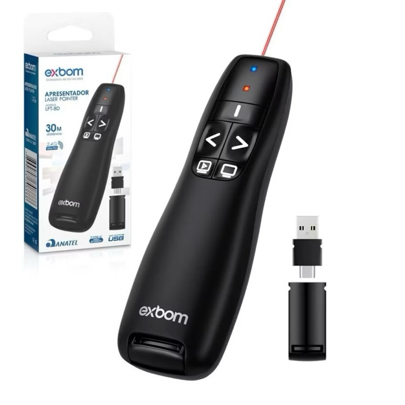 Apresentador Sem Fio com Laser Pointer Exbom LPT-8D 2.4GHz USB Controle de Slides 30m