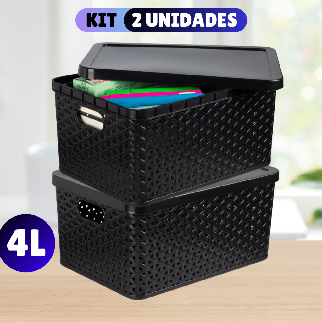 Kit Com 2 Cesto Caixa Organizadora Rattan Com Tampa 4 Litros Preto