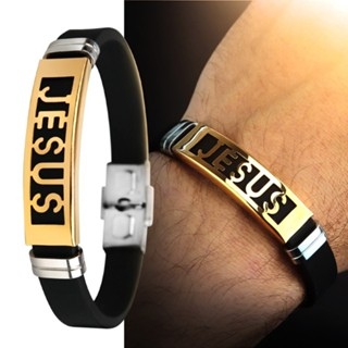 Pulseira Masculina com Nome Jesus – Aço Inoxidável e Borracha, Dourada, Ajustável e Resistente