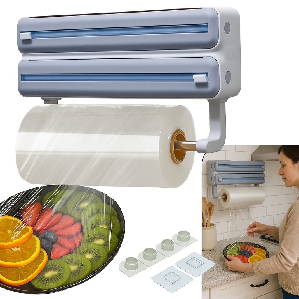 Dispenser Suporte Cortador De Plástico Filme PVC 3 Em 1 Papel Toalha Compacto Top