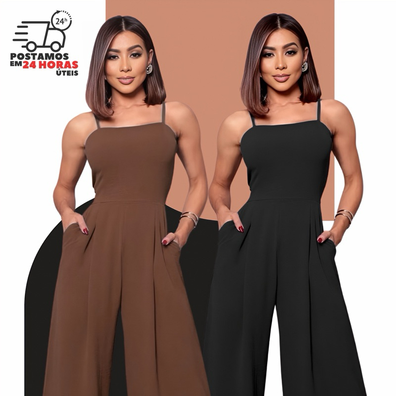 MACACÃO FEMININO PANTALONA COM ALÇA REGULÁVEL TECIDO DUNA TENDÊNCIA