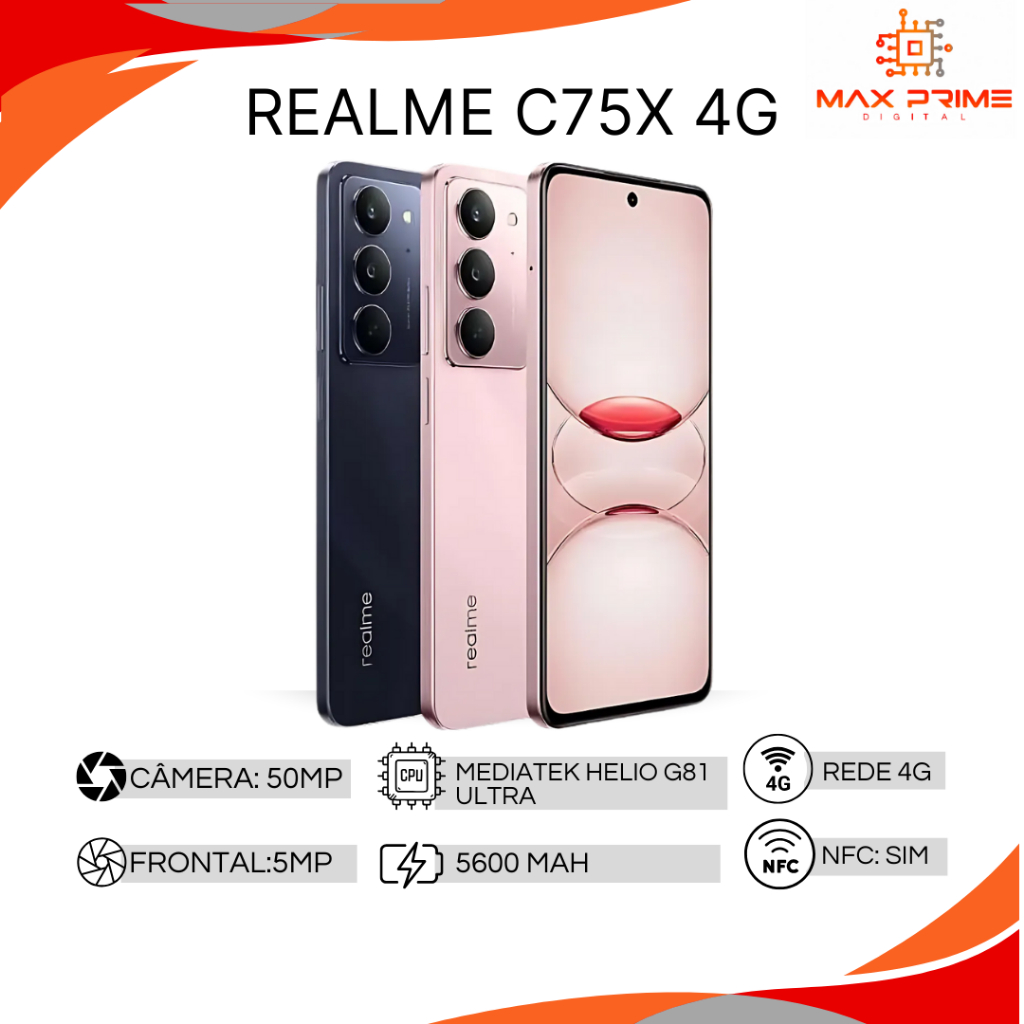 Realme C75x 4G 128GB/256GB + 6GB/8GB RAM, Câmera 50MP, Processador  Mediatek Hélio G81 Ultra, Versão Global, Novo