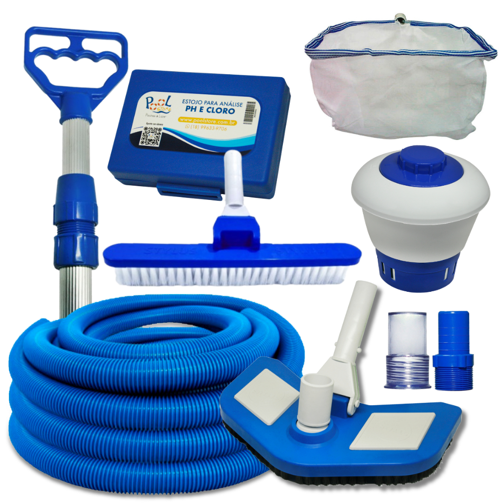 Kit Limpeza Acessórios Piscina Aspirador Mangueira Clorador Peneira Completo