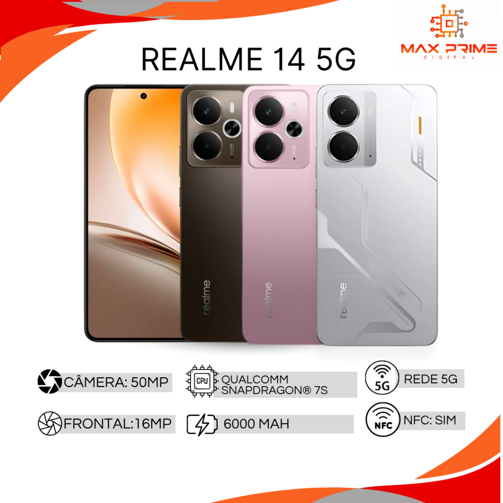 realme 14 5G 256/8GB RAM, 256/12GB RAM, 512/12GB RAM Snapdragon 6 Gen 4, Bateria 6000mAh, Câmera 50MP, Versão Global.