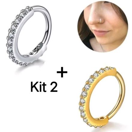 Kit 2 Piercing Argola Nariz Cravejado Strass 10mm ou 8mm