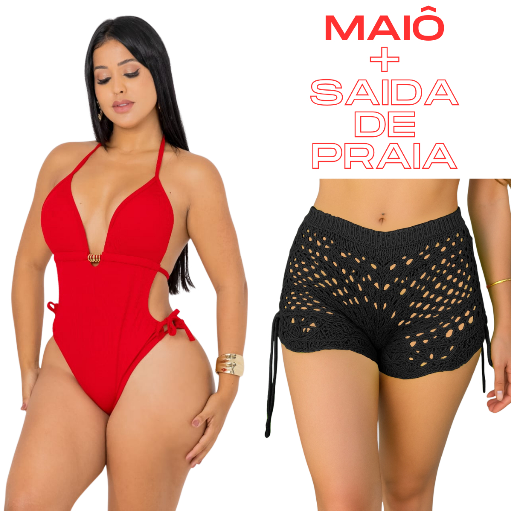 Maiô praia  + Shorts saída de praia feminino moda primavera verão