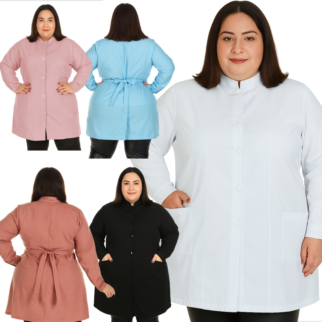 Jaleco Feminino PLUS SIZE Acinturado Manga Longa Botão Gola padre Oxford Premium Várias Cores