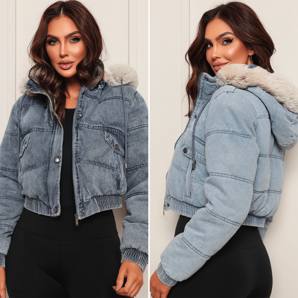 Bobojaco Jeans Cropped Capuz Acolchoada Puffer Peluciada Inverno Corta Vento Forrada Quente