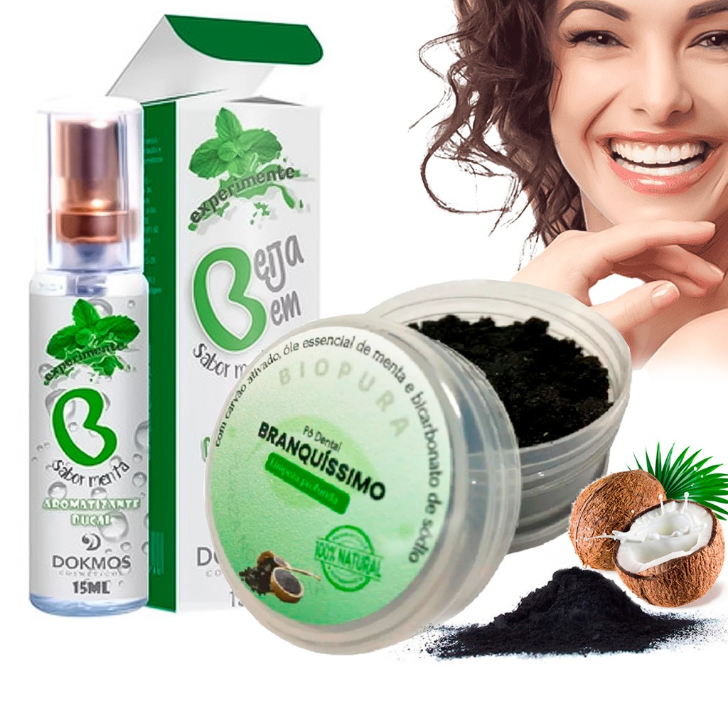 Kit Pó Dental Clareador Carvão Ativado Branquissimo Oleo + Aromatizante Bucal Refrescante Higiênico