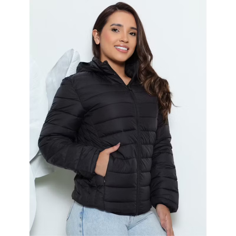 Jaqueta puffer Gominho Feminino com Bolsos Zíper Touca Removível Frio