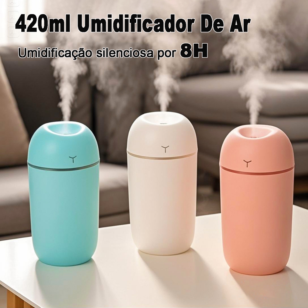 Umidificador Aromatizador De Ar 420ml Ultrassônico De Ambiente Elétrico Difusor Led Portátil USB