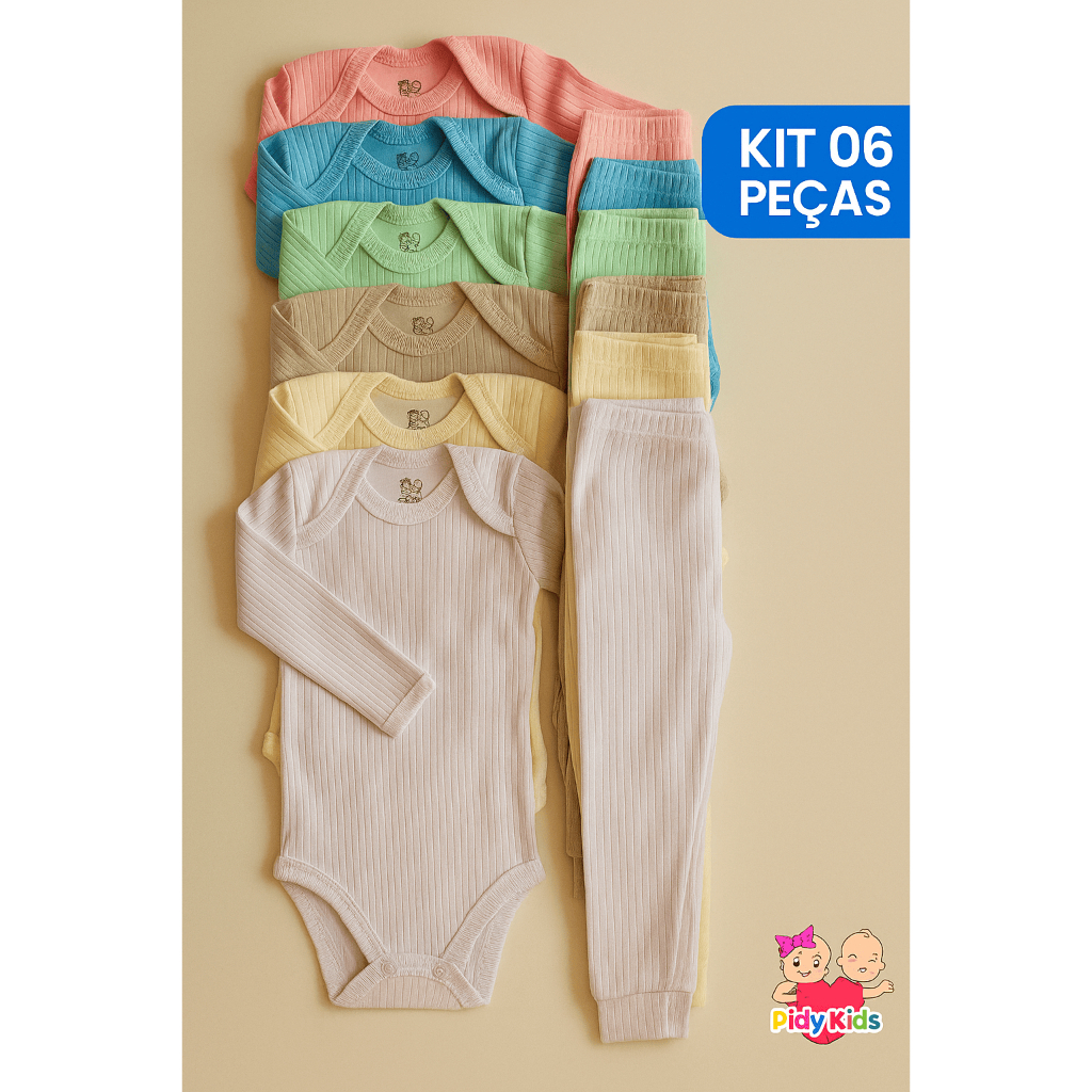 Kit 6 Peças Conjunto Body Manga Longa Canelado + Mijão Liso Canelado Bebê Menino e Menina Barato