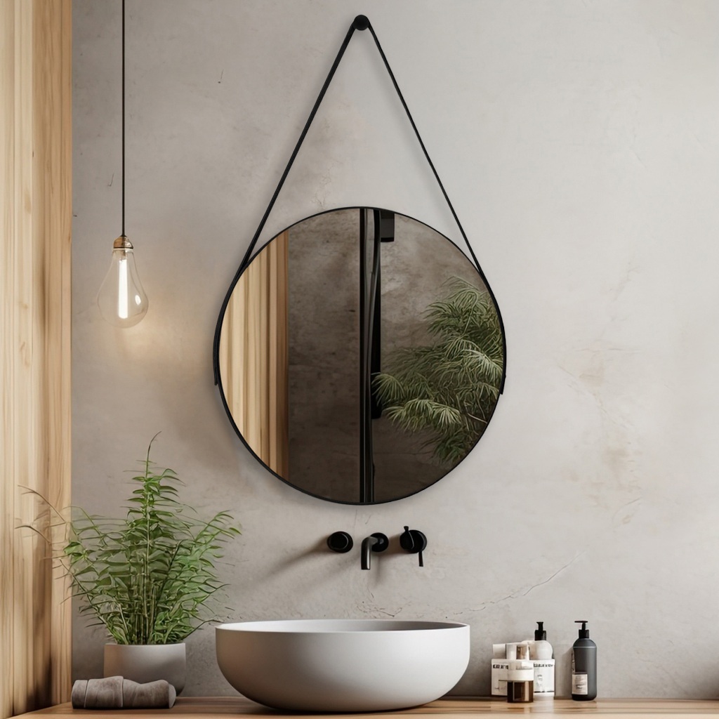 Espelho Redondo Decorativo Adnet com Alça e Suporte Couro 60cm 50cm 40cm 30cm Sala Banheiro Quarto