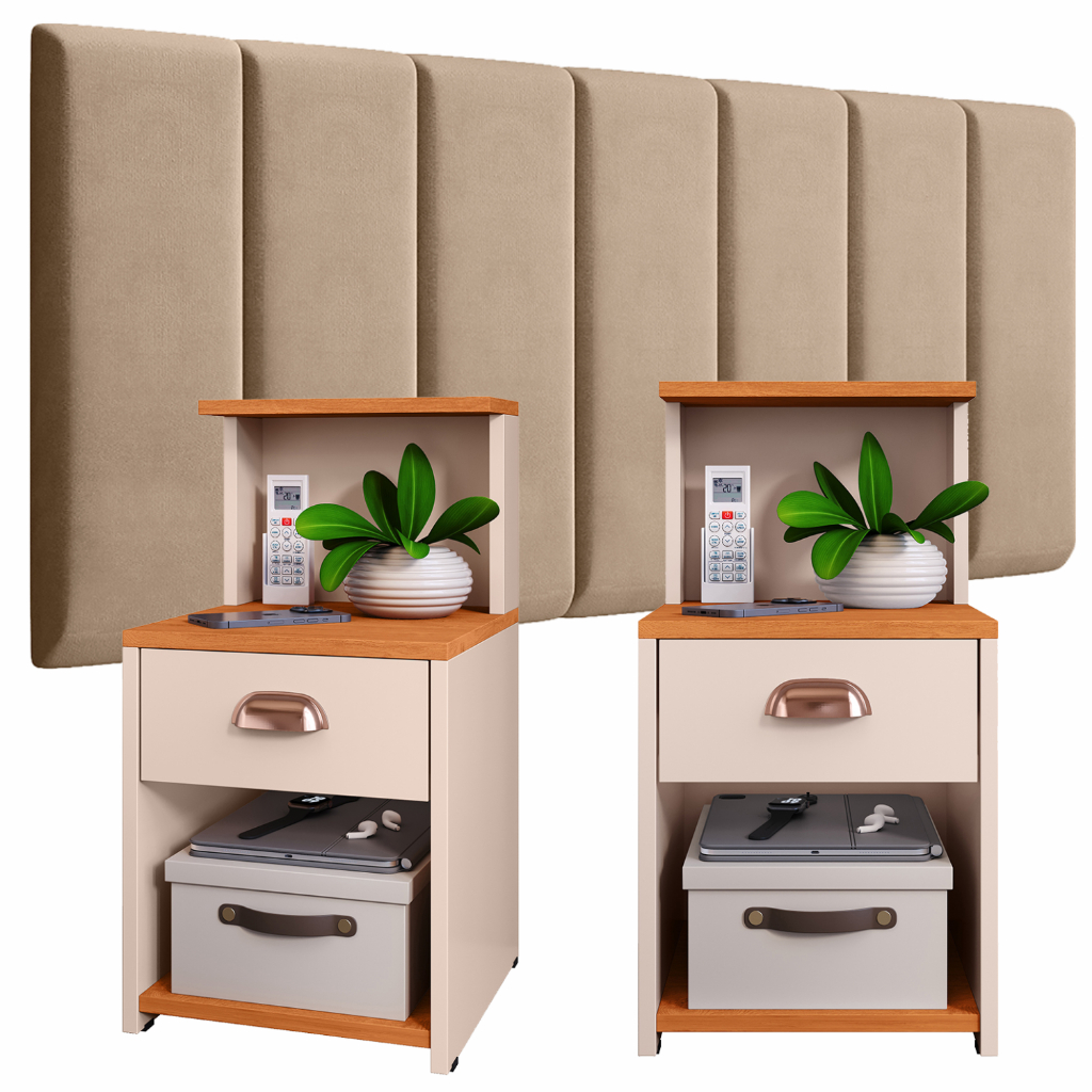 Conjunto de Cabeceiras em Módulos Placas 45x20 + 2 UNIDADES de Mesa de Cabeceira CLÉO com Gaveta e Puxador Concha