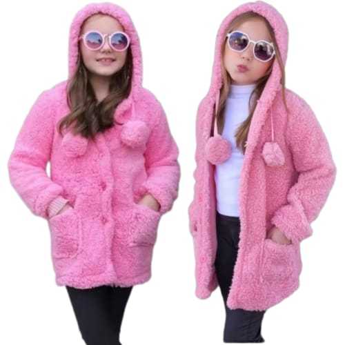 Casaco Infantil Menina Teddy com Capuz e Pompons – Inverno Quentinho Frio (Tamanhos 2 ao 16)
