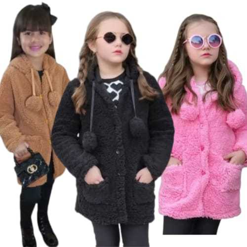 Casaco De Inverno Teddy De Com Capuz e Pompons Infantil Menina Blusa De Frio Quentinho 2 Ao 12