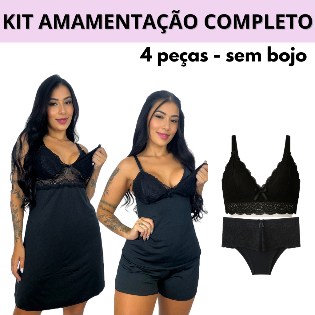 Kit Amamentação 1 Sutiã Amamentação Sem Bojo + 1 Calcinha Pós Parto + 1 Camisola Amamentação + 1 Baby Doll Amamentação