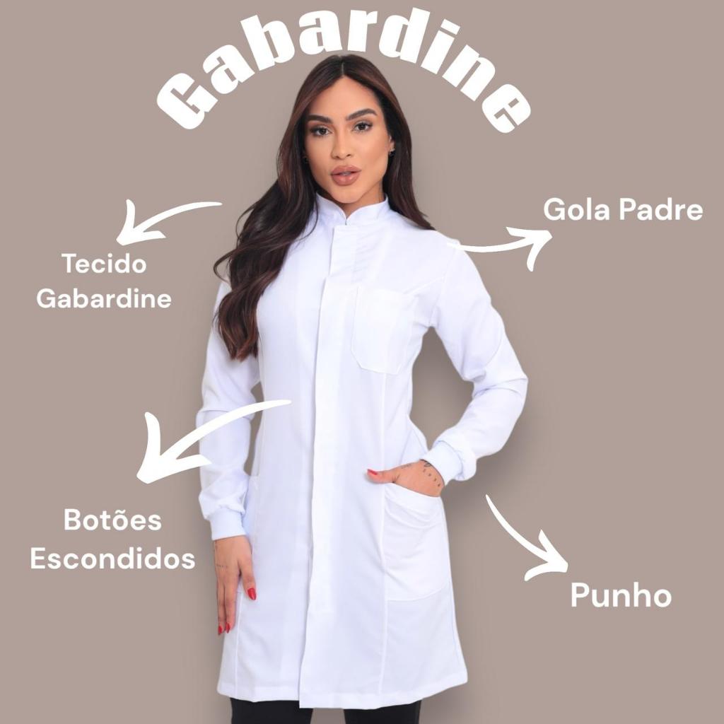 Jaleco Branco Gabardine Punho Gola Padre Acinturado Estudantes Dentista Enfermagem Fisioterapia