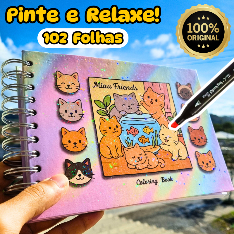 Livro Colorir Gatinhos Fofos - 100 Folhas Capa Dura com Acetato - Miau Friends Caderno de Colorir