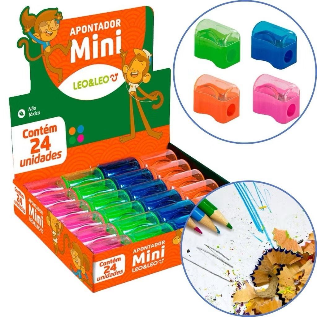 Apontador Escolar Com Deposito Mini Kit 12 a 48 Apontador Com Depósito Mini Cestinha Escolar Infantil Leo&Leo