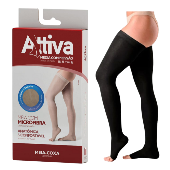 Meia Coxa 7/8 Média Compressão 18-21mmHg Cor Preta Attiva Ponteira Aberta