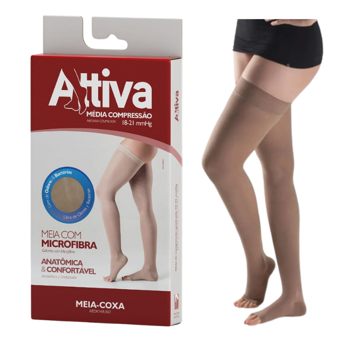 Meia Coxa 7/8 Média Compressão 18-21mmHg Cor Natural Escuro Attiva Ponteira Aberta
