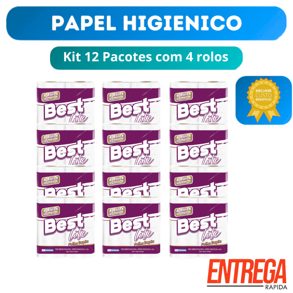 Kit 12 Pacotes com 4 rolos cada Papel Higiênico Best Lite Folha Dupla Neutro 20m Banheiro Fardo Atacado