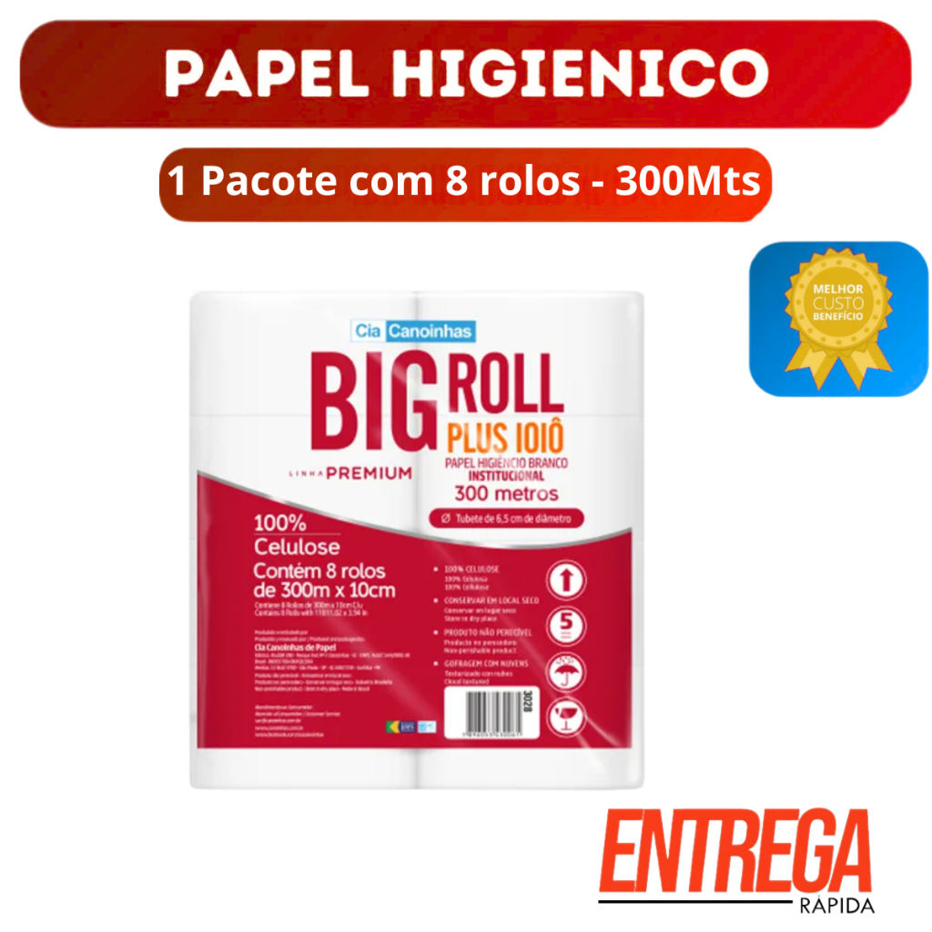 Papel Higiênico 8 Rolos com 300Mts Big Roll Premium 300m x 10cm Branco Industrial Atacado Banheiro