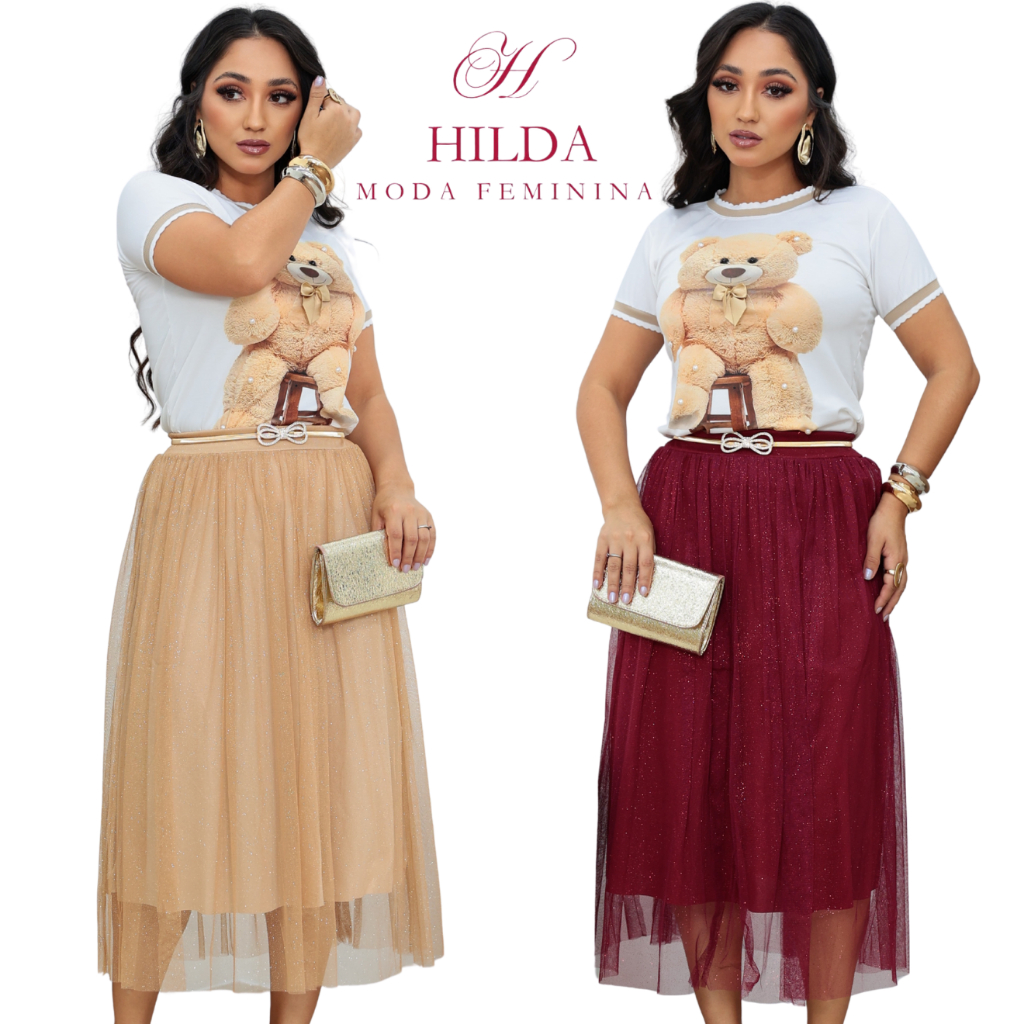 Saia Tule Cristal Midi de Brilho Glitter forrada Lisa Moda evangélica Fardamento Festividade Congresso