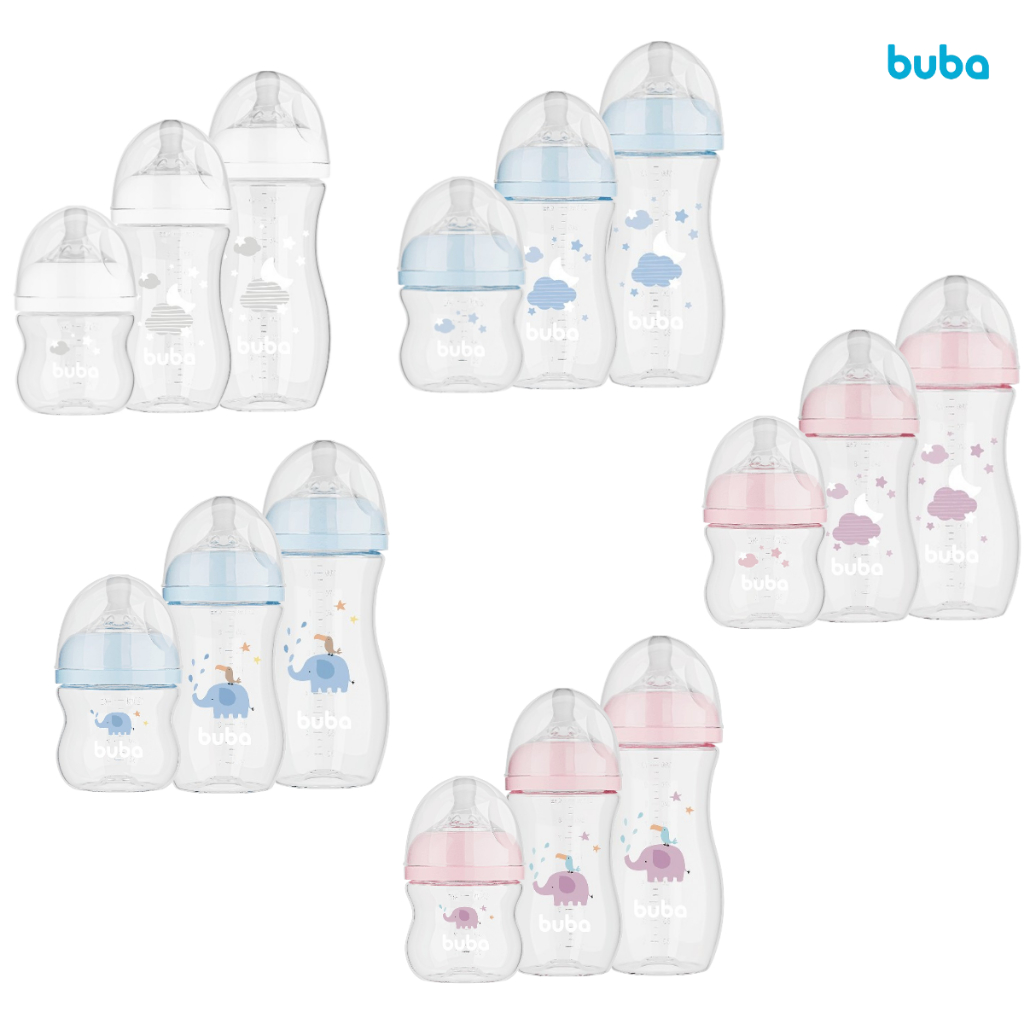 Kit Mamadeiras Anticólica Easy Flow Buba Récem Nascido 120/270/330mL Nuvem Bico Confortável e Sedoso