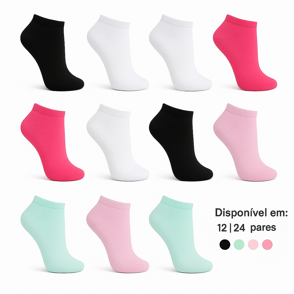 Kit 12 ou 24 Pares Meias Soquete Feminina Cano Curto Confortável Respirável TamanhoÚnico VáriasCores